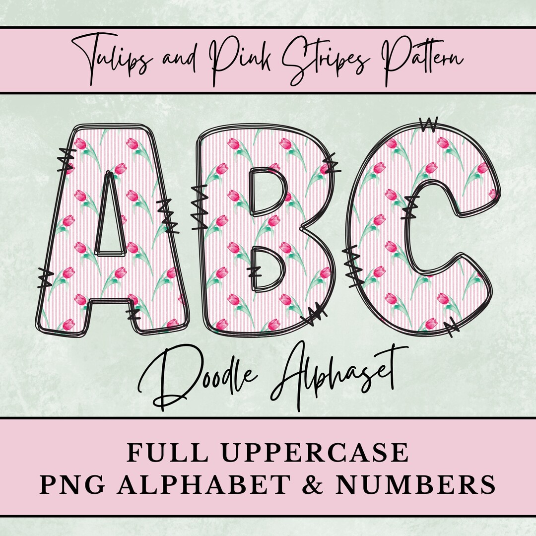 Tuple Letters Red Tulips and Pink Striped PNG Alphabet, PNG Alphabet Letters, Doodle ...