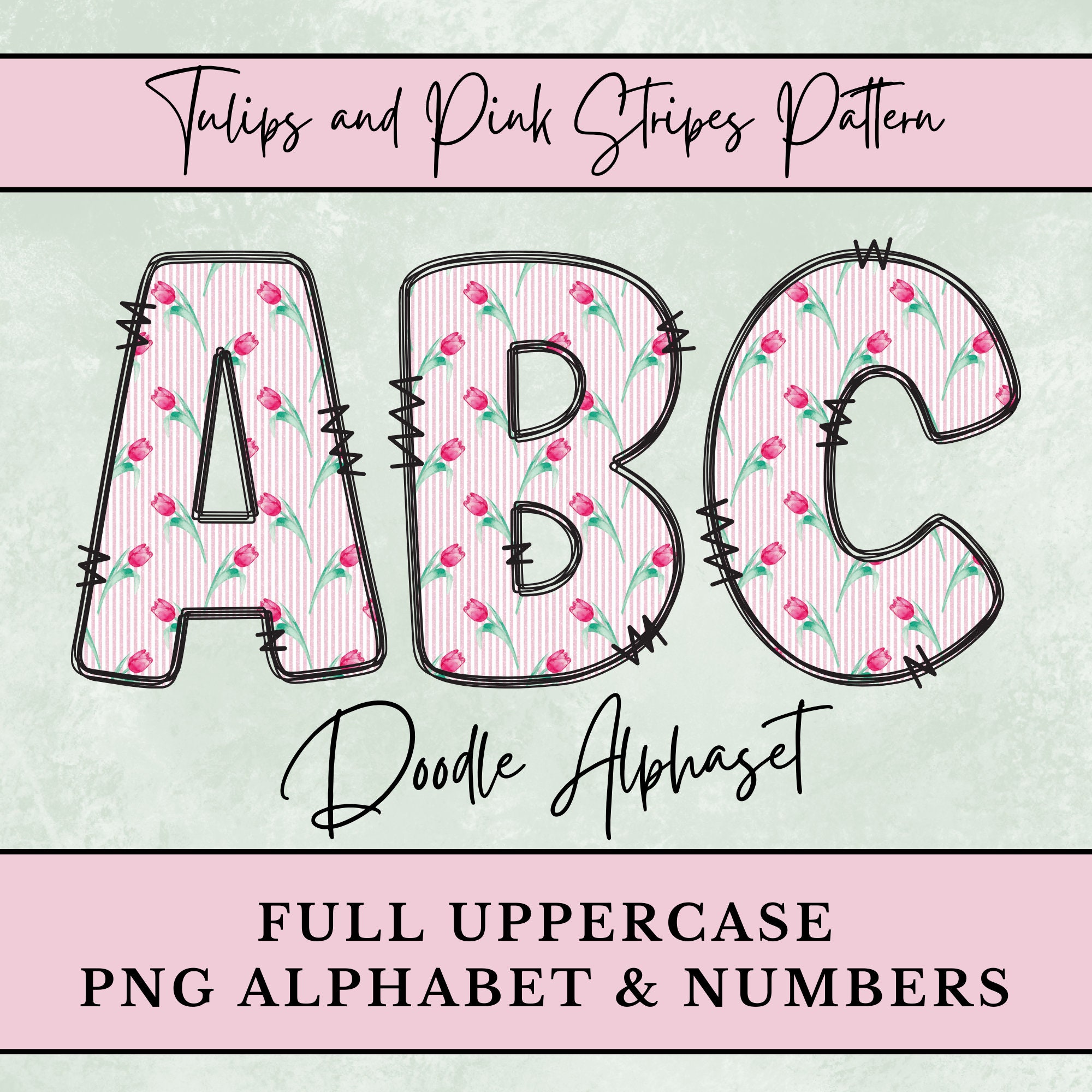Tuple Letters Red Tulips and Pink Striped PNG Alphabet, PNG Alphabet Letters, Doodle ...