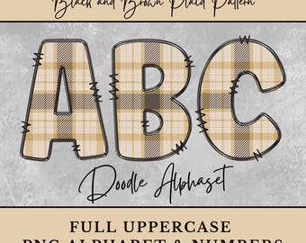 May include: The letters "ABC" are displayed in a plaid pattern with black, brown, and tan colors. The letters are outlined in black with decorative stitching. The text "Black and Brown Plaid Pattern" and "Doodle Alphabet" are above the letters.