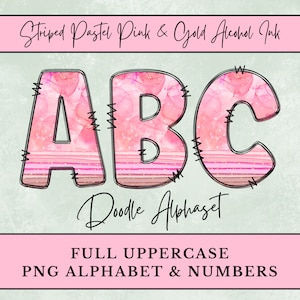 Striped Pastel Pink & Gold Alcohol Ink PNG Alphabet Letters, Light Pink Doodle Letters for Sublimation, Digital Download Uppercase, Numbers