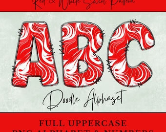 Red and White Swirl PNG Alphabet, Red PNG Alphabet Letters, White Doodle Letters for shirt Sublimation, Digital Download Uppercase & Numbers
