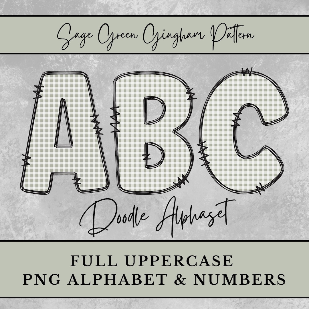 Sage Green Gingham Alphabet Letters, Plaid Doodle Letters Shirt ...