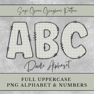 Sage Green Gingham Alphabet Letters, Plaid Doodle Letters shirt Sublimation, Digital Download Uppercase Numbers, Coquette Baby Girl Babies