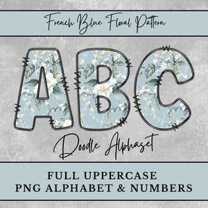 Alfabeto com padrão floral azul francês, letras do alfabeto PNG com flores brancas, letras rabiscadas em camiseta por sublimação, download digital de números maiúsculos