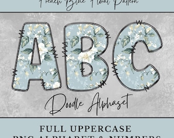 French Blue Floral Pattern Alphabet, White Floral PNG Alphabet Letters, Doodle Letters shirt Sublimation, Digital Download Uppercase Numbers