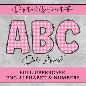 Deep Pink Gingham Alphabet Letters, Plaid Doodle Letters t-shirt Sublimation, Digital Download Uppercase Numbers, Coquette Baby Girl Babies
