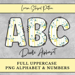 Lemon Striped Pattern PNG Alphabet, Yellow Lemon Doodle Letters for tshirt Sublimation, Clipart Letters & Numbers Digital Download Printable
