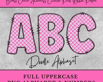 Breast Cancer Awareness Circular Pink Ribbon Pattern, Hot Pink Ribbon PNG Alphabet, Sublimation, Digital Download Uppercase Numbers Clipart