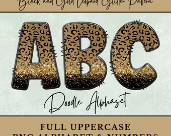 May include: Black and gold leopard glitter pattern alphabet letters A, B, and C.  Doodle alphabet. Full uppercase PNG alphabet and numbers.