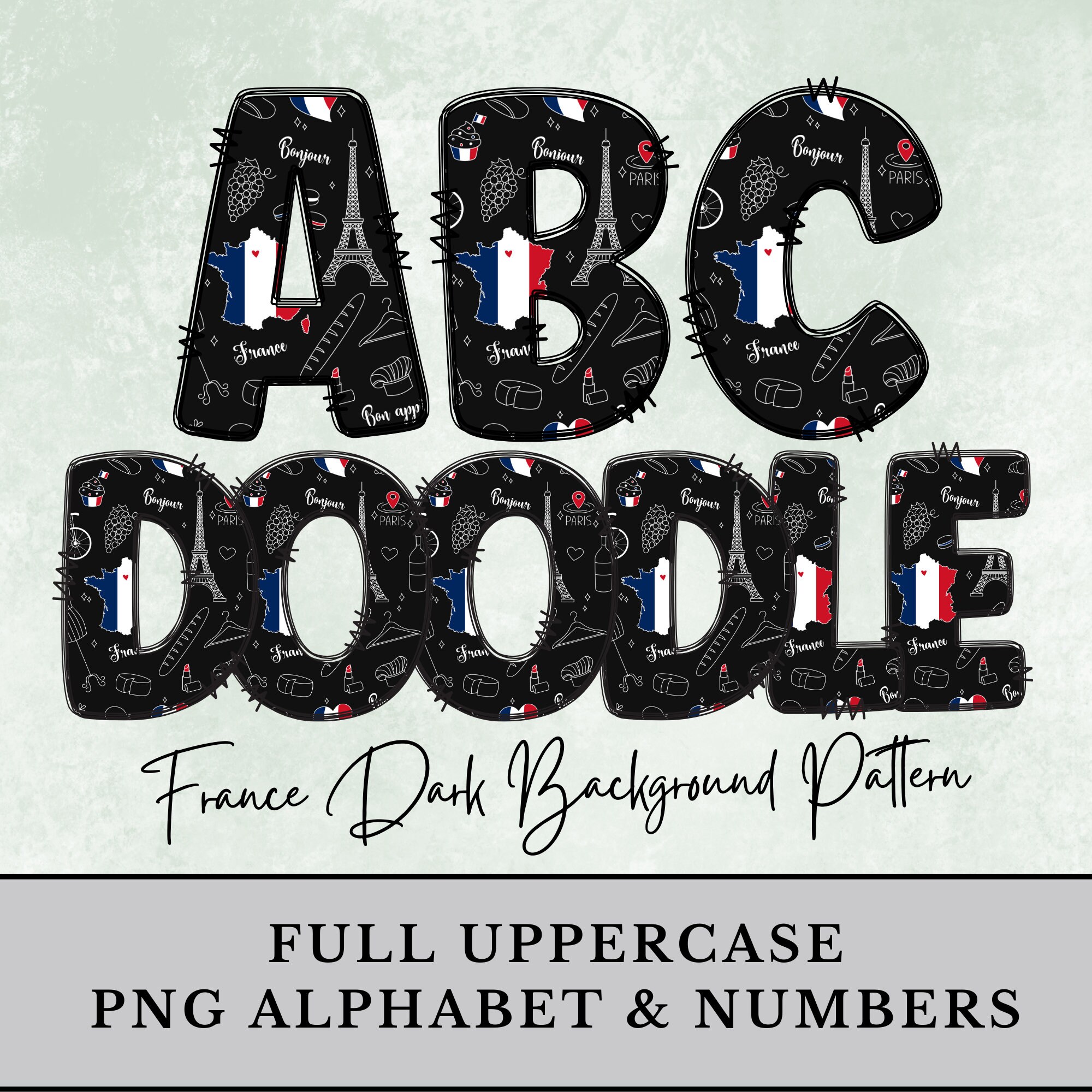 France Dark Background Pattern Doodle Letters, Eiffel Tower Alphabet ...