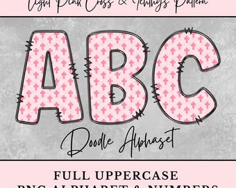 Light Pink Cross & Ichthys Pattern Doodle Alphabet, Christian PNG Clipart, Doodle Letters, Sublimation, Digital Download Uppercase, Numbers