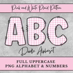 Pink & White Plaid Alphabet Letters, Gingham Doodle Letters shirt Sublimation, Digital Download Uppercase Numbers, Coquette Baby Girl Babies