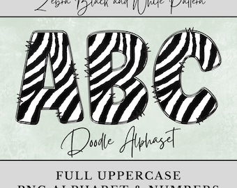 Black and White Zebra Print PNG Alphabet, PNG Letters, Animal Print Doodle Letters, Sublimation Shirts, Digital Download Uppercase & Numbers