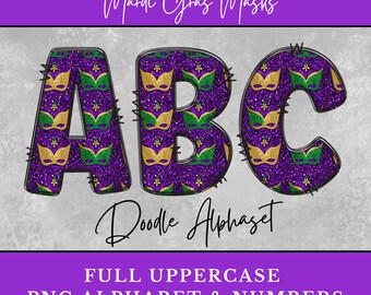 Mardi Gras Masks PNG Alphabet, Purple Gold Green PNG Alphabet Letters, Doodle Letters for Sublimation, Digital Download Uppercase, Numbers