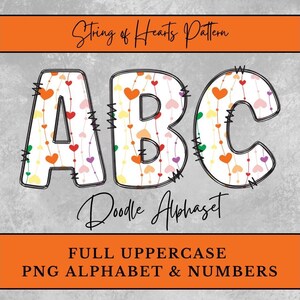 May include: The image displays the letters "ABC" in a doodle style, filled with colorful hearts on strings. The letters are outlined in black with decorative stitching. The text "String of Hearts Pattern" and "Doodle Alphabet" are also present.
