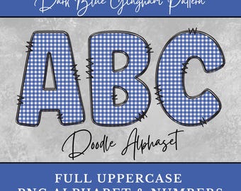 Dark Blue Gingham Alphabet Letters, Plaid Doodle Letters shirt Sublimation Digital Download Uppercase Numbers, Junk Journal Letters Ephemera