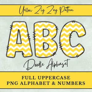 May include: Yellow zig zag pattern doodle alphabet letters A, B, and C.  Full uppercase PNG alphabet and numbers.