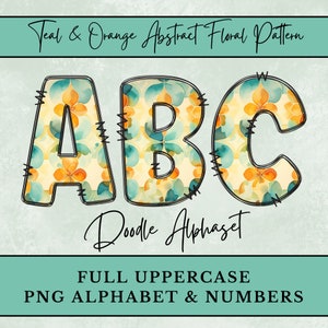 May include: Teal and orange abstract floral pattern uppercase letters A, B, and C.  Doodle Alphaset. Full uppercase PNG alphabet and numbers.