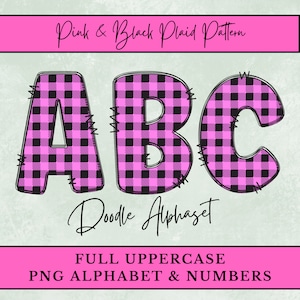 Pink & Black Plaid Alphabet Letters, Doodle Letters for t-shirt Sublimation, Digital Download Uppercase and Numbers, Buffalo Plaid Check