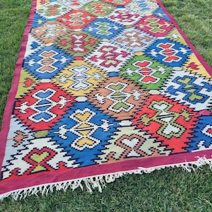Vintage Romanian rug, handmade wool rug, kilim Oltenian art, hand-woven in the 60s, boho floral style, tapis roumain, 312x187cm.