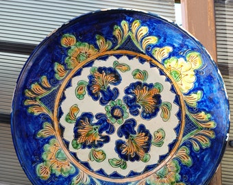 Vintage decorative clay plate, handmade Romanian ceramics, 35cmx5cm.