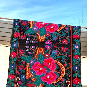 Vintage romanian rug, handmade wool rug, kilim Bessarabian art, hand-woven in the 50s, boho floral style, tapis moldave, 305x190cm.