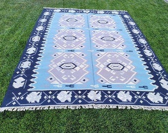 ビンテージ ルーマニア ラグ、手作りウール カーペット、キリム