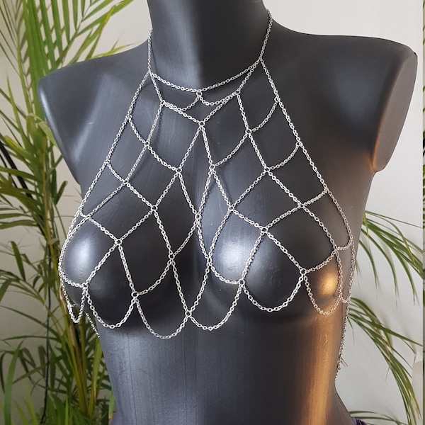 Collier bustier argenté, bijou corps, chaîne de corps