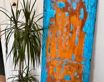 Abstract artwork &quot;Vibrant Colors&quot; | Large vibrant two-tone rust-metal look wall art orange and blue