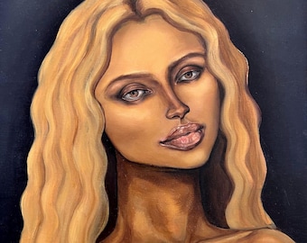 Vivid hand-painted portrait &quot;Instagram Reality | Original oil painting woman with blond hair for modern wall decoration
