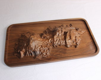 Black Walnut "The 3 Sisters" Mountain Range Detailed Topographic Display Tray, Centerpiece, Holds Rocks, Seashells, etc.