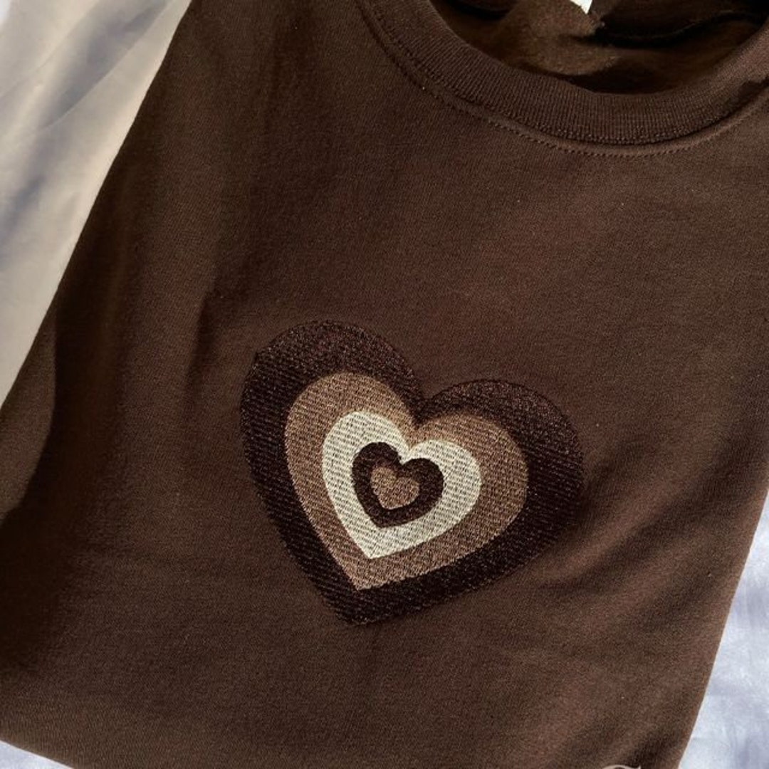 Y2K Brown Vintage Latte Heart Embroidered Crewneck Sweatshirt - Etsy