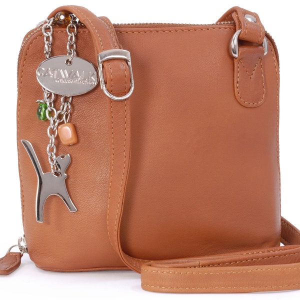 Catwalk Collection Handbags - Women's Small Leather Cross Body Bag/Mini Shoulder Bag with Long Adjustable Strap - LENA - Tan