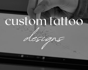 May include: A hand using a stylus to draw a custom tattoo design on a digital tablet. The design features a geometric pattern with circles and lines. The text "custom tattoo designs" is displayed above the design.