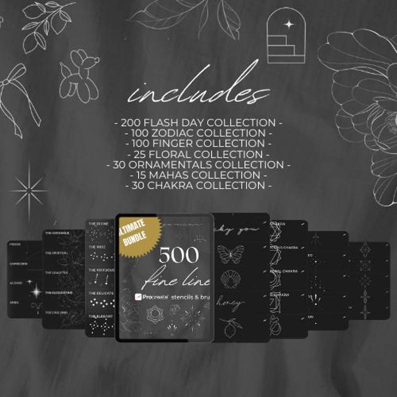 May include: A black and white image of a digital tablet displaying a collection of 500 fine line stencils and brushes. The text "Ultimate Bundle" and "500 fine line" are visible on the screen. The text "Procreate stencils & brushes" is also visible on the screen. The image includes a list of the different collections included in the bundle, such as "Flash Day Collection", "Zodiac Collection", and "Floral Collection".