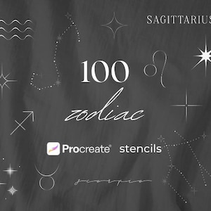 Pode incluir: Uma imagem em preto e branco de 100 stencils do zodíaco para Procreate. A imagem apresenta vários signos do zodíaco, incluindo Sagitário, Leão e Escorpião, juntamente com estrelas e outros elementos celestiais.