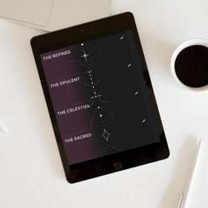 May include: A black tablet with a white screen displaying a graphic with four sections labelled "The Refined", "The Opulent", "The Celestial", and "The Sacred". Each section features a different stylised star design.