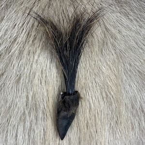 Könnte beinhalten: Eine schwarze und braune haarähnliche Nadel mit einer langen, dünnen, spitzen Basis. Die Nadel ist aus natürlichen Materialien gefertigt und hat einen rustikalen Look.