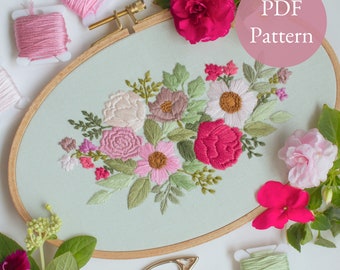 Rose Floral Embroidery PDF Pattern, Garden Rose Thread Painting