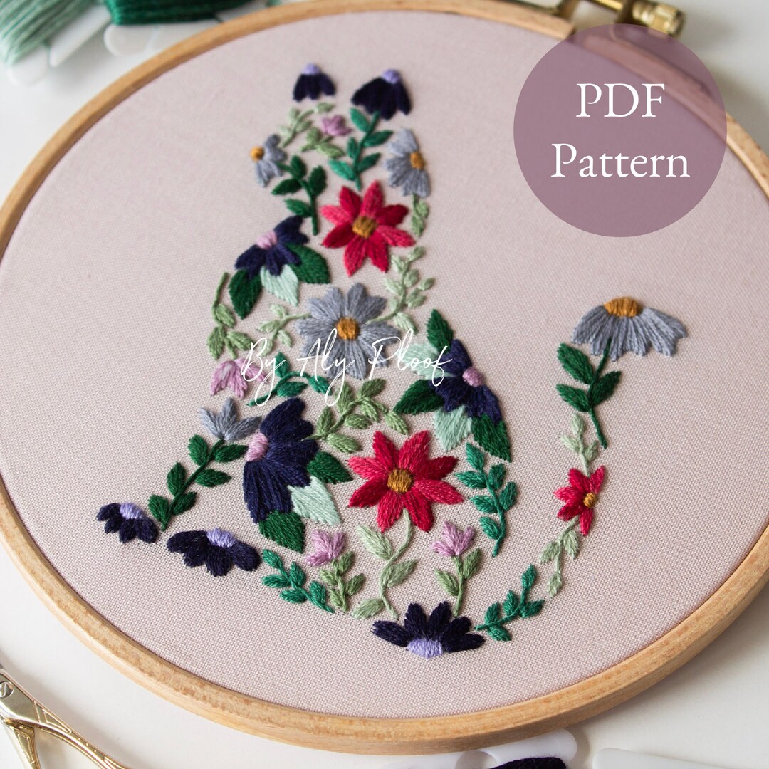 Cat Embroidery PDF Pattern | Floral Feline | Petal Pet Digital Design ...