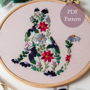 Cat Embroidery PDF Pattern | Floral Feline | Petal Pet Digital Design