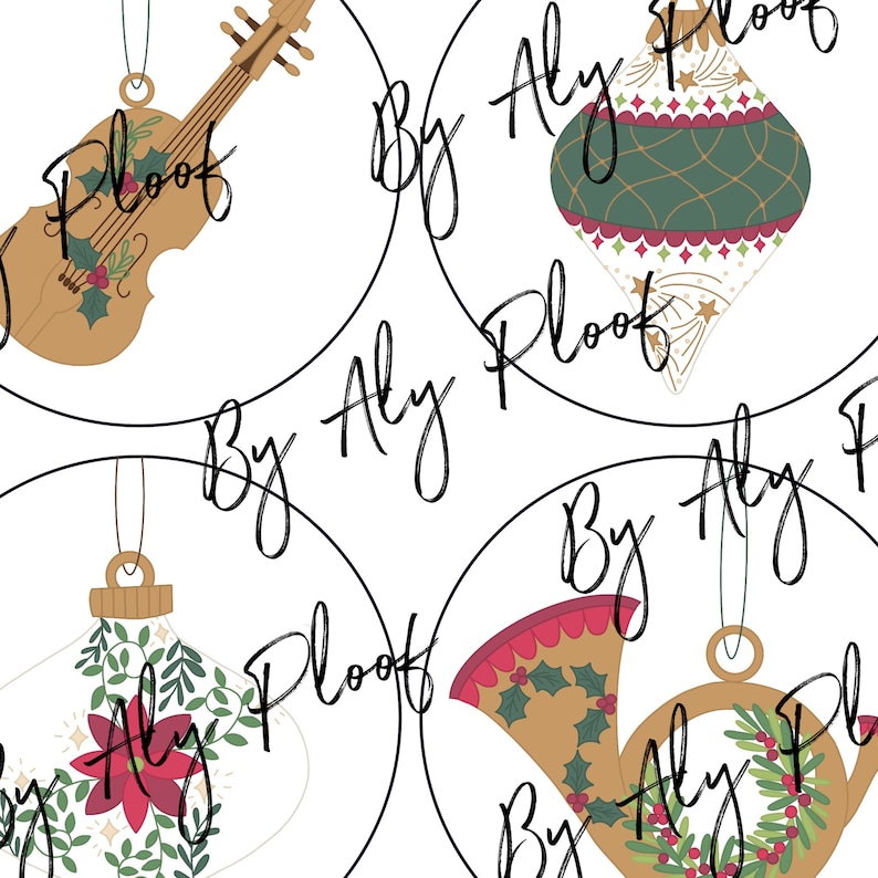 May include: Four Christmas ornament designs in a circular pattern. The ornaments include a violin, a teardrop shape, a clear ornament with a poinsettia, and a French horn. Each ornament has a gold-colored hanger and is decorated with holiday-themed elements.