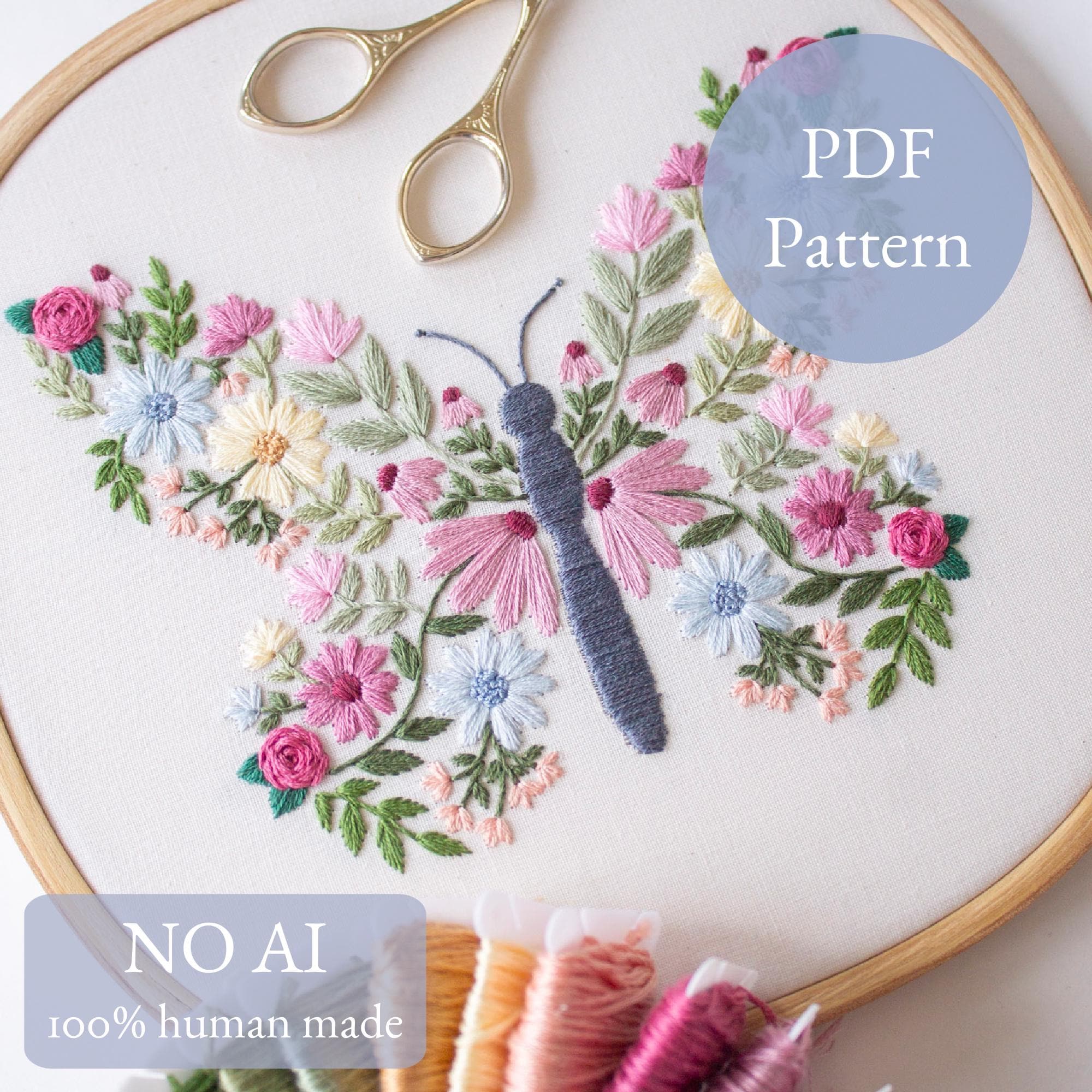 Butterfly in Bloom, Digital PDF Embroidery Pattern