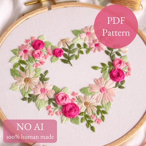 ハートバレンタイン PDF パターン | ハートオブブルームズ刺繍デジタルデザイン、花束