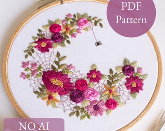 Spiderweb Embroidery PDF Pattern, Fall Floral Embroidery, Halloween Spider