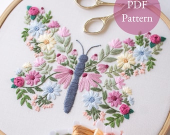 Papillon en fleurs, motif de broderie numérique PDF