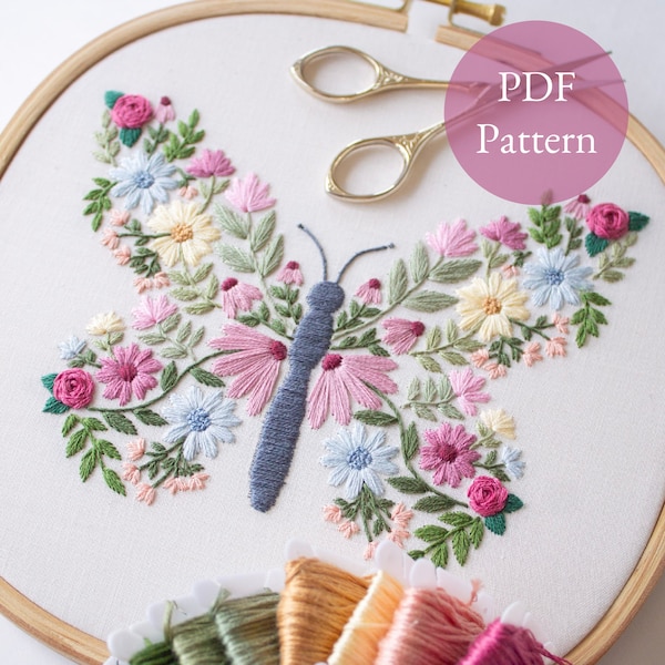 Papillon en fleurs, motif de broderie numérique PDF