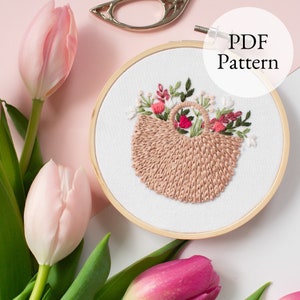 Basket of Blossoms Modern Embroidery PDF Pattern, Digital Download, Flower Basket, Floral Art, Summer Craft