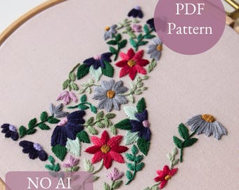 Könnte beinhalten: Gestickte Katzen-Silhouette mit bunten Blumen in einem Holzreifen. Das Design zeigt rote, blaue und graue Blumen mit grünen Blättern. Der Text auf dem Bild lautet "PDF Pattern" und "NO AI 100% human made".