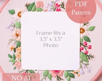 Floral Frame Modern Embroidery PDF Pattern, DIY Digital Download Photo Frame, Flower Craft